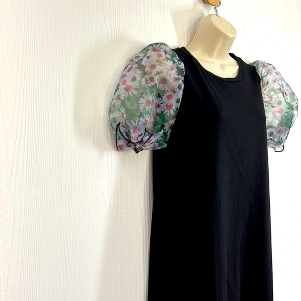 Forever 21 - Black Mini Shirt Dress With Short Floral Puffed See Thru Sleeves SM